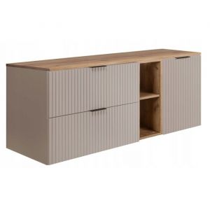 Rodan Armoires de salle de bain 140cm Beige Mat - Bois L/H/P 140/57/46 cm Portes stri&eacute;es - Plateau brun - Meubles de salle de bain - Armoire de salle