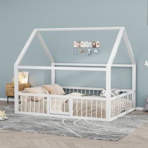 Fortuna Lai - Lit cabane 140x200cm - lit enfant en m&eacute;tal avec sommier &agrave; lattes, moulures de maison, balustrade - sans matelas - blanc