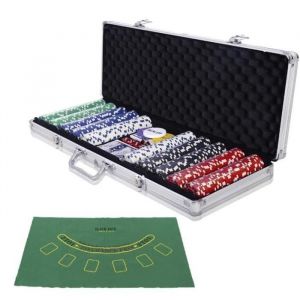 Image de Costway Malette Poker Jetons Poker - 500 Jetons, 2 Jeux De Cartes, 5 Dés, 1 Bouton Dealer Mallette En Aluminium Noir