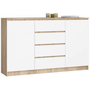 Grande Commode pour le salon Akord K160 Chêne Sonoma 160 cm 2 portes 4 tiroirs façade Blanche 4 étagères 160x40x99 cm