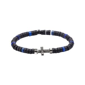 Bracelet Perles Heishi Pierres Naturelles Agate Noire Et Lapis Lazuli Croix Acier Antique