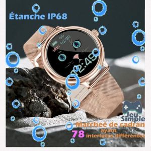 Image de Montre Connectée Femme Ronde Smartwatch Étanc IP68 Boîtier Rétro Alliage Zinc Grand Écran Tactile Diamètre 4CM Bracelet Acier