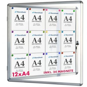 Panneau d'affichage en aluminuim, vitrine d'affichage avec serrure à clé Panneau arrière magnétique 24 aimants inclus 12 x A4