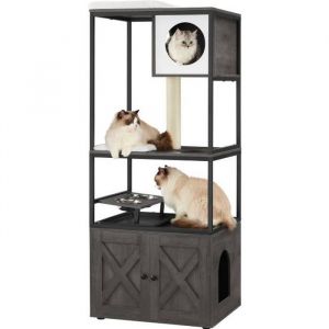 Feandrea Arbre à Chat Maison pour Chat avec Cache-litière Gamelles Surélevées Poteau à Griffer en Sisal Gris Brumeux