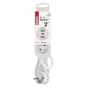 EMOS Multiprise avec USB, rallonge 2 Prises et 3 Ports USB, c&acirc;ble d'extension de 2 m, 2 Ports USB-A + 1 Port USB-C, Courant de Charge Max. 3,4 A, Protection de Contact Accrue, IP20 pour l'int&eacute;rieur