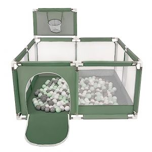 Selonis Parc Bébé Avec 400 Balles Plastiques Aire De Jeu Pliable Basket, Vert : Blanc/Gris/Menthe