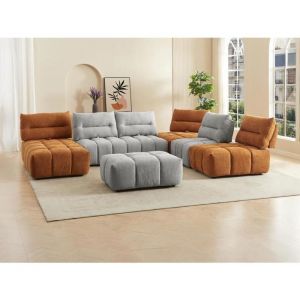 Canapé d'angle panoramique modulable et pouf dossier avance-recule en tissu texturé gris clair et terracotta APOLIU