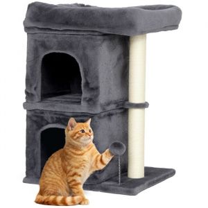 Arbre &agrave; chat - PawHut - grande plateforme 2 niches et balle en peluche griffoirs en sisal - 45 x 40 x 66 cm - gris fonc&eacute;