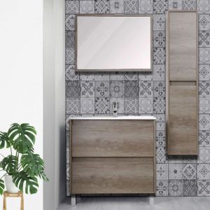 Image de Ensemble meuble sous vasque 2 tiroirs 80 cm Bois + Miroir + Colonne - lango - l 81.5 x l 47 x h 82 cm