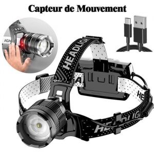 Lampe Frontale LED RechargeableSuper Lumineux 50000 Lumens 6 Modes LEDCapteur et Lumière RougeRechargeable par USB 7800 mAh