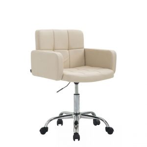 Décoshop26 Chaise de bureau à roulettes avec dossier et accoudoirs en simili-cuir crème FAL10152