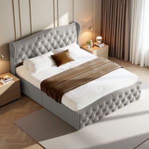 Lit Double 140x200 - Coffre Hydraulique - M&eacute;canisme Silencieux - Rangement Int&eacute;gr&eacute; - Tissu Imperm&eacute;able