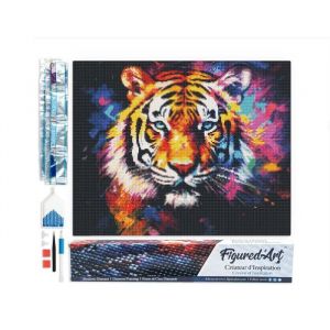 Figured’Art Diamond Painting Broderie Diamant 40x50cm Toile Entière Roulée avec Strass Perles Carrés - Tigre Coloré Abstrait