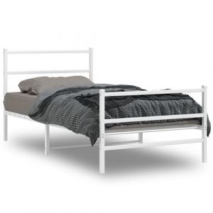 VidaXL Cadre de Lit Métal avec Tête de Lit Pied de Lit, Lit Simple avec Sommier à Lattes, Lit Adulte avec Pied Chambre, Moderne, Blanc 100x190 cm