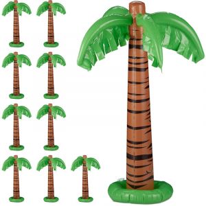 Relaxdays Bouée gonflable palmier, lot de 10, Palmier gonflable xxl piscine et plage, Palmier tropical géant à gonfler, vert-brun