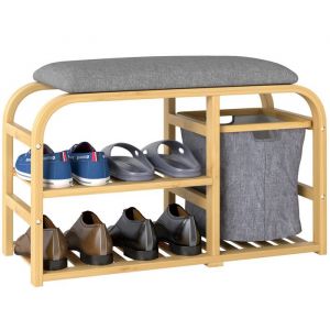 Homcom Banc à chaussures en bambou - 2 étagères, panier tissu coulissant - coussin gris