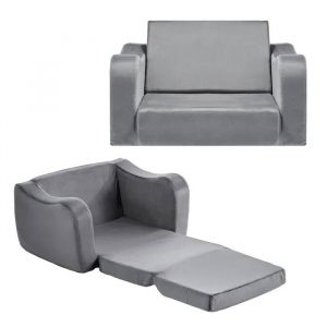 Canap&eacute; Pour Enfants 2-En-1-Duoku-Convertible En Chaise Longue-Canap&eacute;-Lit Pliable Et Confortable-Avec Accoudoirs-Gris, M