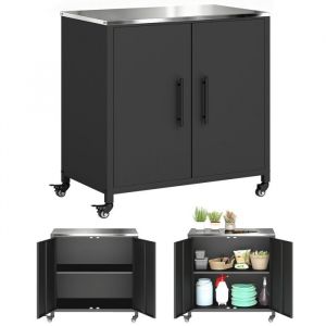Outsunny Armoire de jardin - Toit en Acier Inoxydable, Roulettes, &Eacute;tag&egrave;re Amovible - M&eacute;tal - 80 x 50 x 90 cm - Noir