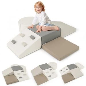 6 Pcs Bloc De Construction Enfants En Mousse Costway-Housse En Cuir-Attache À Crochet & Boucle-Jeu De Manipulation Bébe 1+ Ans-Gris