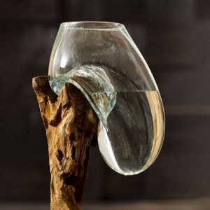 Wave - Vase Mural en Verre Soufflé et Teck Naturel - Hauteur 25cm - Pièce Artisanale Unique - Décoration Murale Ethnique - Collection Verre Soufflé