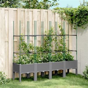 VidaXL Jardinière avec Treillis, Lit Surélevé, Bac à Fleurs, Pot de Plantes, Boîte à Fleurs Jardin Patio Terrasse Extérieur, Gris Clair PP