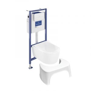 Villeroy & Boch Pack WC sans bride Avento + Bâti support + abattant frein de chute + plaque blanche + Tabouret blanc