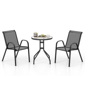 Coast 3-Piece Black Bistro Set for Outdoor - Table Ø60x70 cm avec verre trempé & 2 chaises empilables 56x67x84 cm