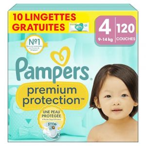 Pampers Premium Protection Taille 4, 120 Couches, 9-14kg, Double Protection Pour La Peau et Contre Les Fuites + 10 Lingettes Harmonie Aqua Gratuites