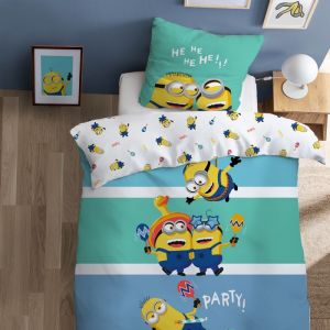 Parure de lit enfant 100% Coton - LES MINIONS FIESTA - Bleu / Vert - 140x200+63x63cm