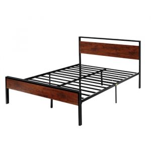 Cadre de Lit Queen Size en M&eacute;tal Noir-Duoku-Sommier Plateforme avec T&ecirc;te et Pied en Bois Brun R&eacute;tro-Hauteur de 31 cm