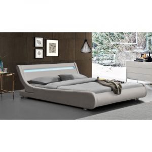 Lit ava pour matelas 140x190-Sommier+Tête de Lit eclairage LED Incurve Couleur GRIS+Pieds en 5cm pour matelas-2x13Lattes