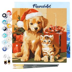 Mini peinture au numéro : Chat et Chien de Noël - toile tendue sur chassis