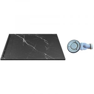 Vente-unique - Receveur extra-plat &agrave; poser ou &agrave; encastrer d&eacute;coupable en r&eacute;sine smc avec siphon - Noir marbr&eacute; - 140 x 90 cm - lyrosa