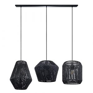 Suspension Table à Manger Osier Boho Lampe Suspendue E27 Rotin Lampe à suspension - Noir, Noir (Ø28 + Ø30 + Ø33cm) - Paco Home