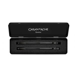 Caran d'Ache Set d’écriture Stylo à bille et Porte-mine 0,7 mm dans un Plumier Métal 849 Black Code Noir