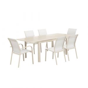 Table de jardin extensible aluminium et textil&egrave;ne beige 4 chaises 2 fauteuils 6 places textil&egrave;ne