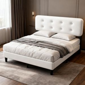 Cadre de lit double rembourré, 160 x 200 cm, châlit Cadre de lit rembourré,châlit Tête de lit réglable, hauteur 26.5 cm, blanc