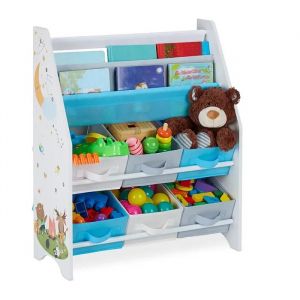 Ginger Home &iquest; Organiseur Enfant 3 Porte-Livres + 6 Bacs, Meuble De Rangement Jouets, Bois & Tissu, Motif For&ecirc;t, 62,3&times;26,5&times;74 Cm