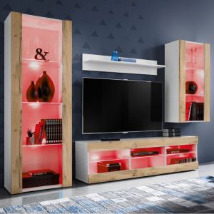 Komodee - Ensembles de meubles Tivoli Medio, Blanc/Wotan, Largeur 220cm x Hauteur 159cm x Profondeur 35cm, led rgb, pour Salon, Chambre