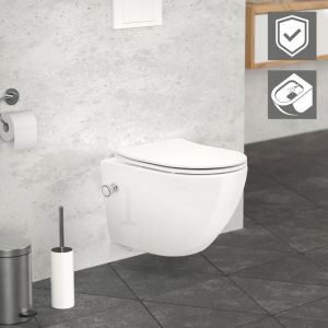 Ecd Germany wc Suspendu sans Rebord en Céramique Blanc, Fonction Bidet, Revêtement Nano, Toilette Suspendue Court 49 cm, avec Siège Amovible en