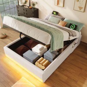 Lit coffre, 90x200 cm, lit adulte simple avec &eacute;clairage LED, prise USB et Type-C, tissu en lin beige, sans matelas