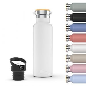 Daikoku Bouteille, Bouteille Thermique en Acier Inoxydable &agrave; Double Paroi, Thermos Maintient les Boissons Froides ou Chaudes Pendant des Heures, Deux Bouchons, Blanc, 1 L