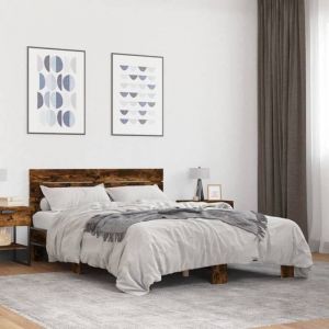VidaXL Cadre de lit ch&ecirc;ne fum&eacute; 140x190 cm bois d'ing&eacute;nierie et m&eacute;tal, lit, sommier, sommier, meuble de chambre &agrave; coucher, lit d&rsquo;invit&eacute;s, lit double