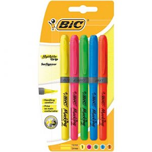 Bic Brite Liner Grip Blister de 5 Surligneurs Jaune/Rose/Vert/Bleu