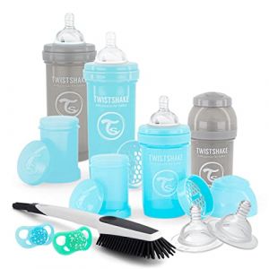 Twistshake Newborn Starter Kit, 9 st - 4x Anti-Colique Bouteilles, 2x Sucettes, 2x Tétines Grand, 1x Goupillon, 0 Mois et +, Garçon