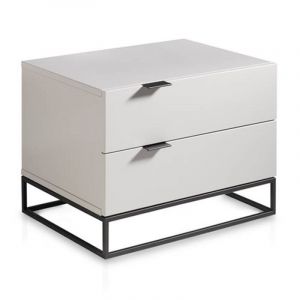 Table de c vet deux tiroirs laqu&eacute;e gris perle et pieds en acier noir