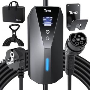 Tera Portable EV Charger Type 2 with 7m Charging Cable 3.68kW 16A Schuko Plug Adjustable Charging Box Cable Ties P02 Black