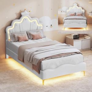 Lit file 90x200,lit princesse en forme de couronne, lit rembourr&eacute; simple avec sommier &agrave; lattes,LED r&eacute;glable, PU,blanc