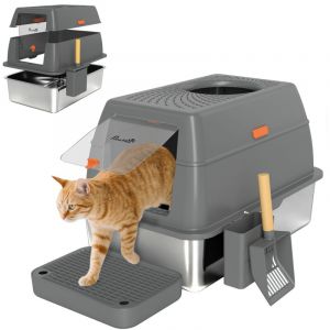 Pawhut Bac à litière fermé - maison de toilette pour chat - avec couvercle, marche anti-dispersion et pelle - acier inoxydable - gris foncé