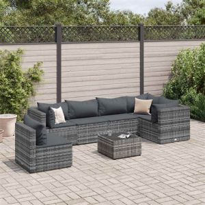 VidaXL Salon de jardin 7 pcs avec coussins Gris Résine tressée, ensemble de canapés d'extérieur, canapé d'angle de jardin, salon de jardin d'angle
